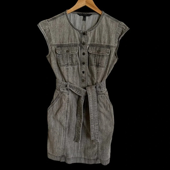 White House Black Market size 0 Gray Denim Belted Jean Dress stretch Snaps Up - Picture 3 of 7